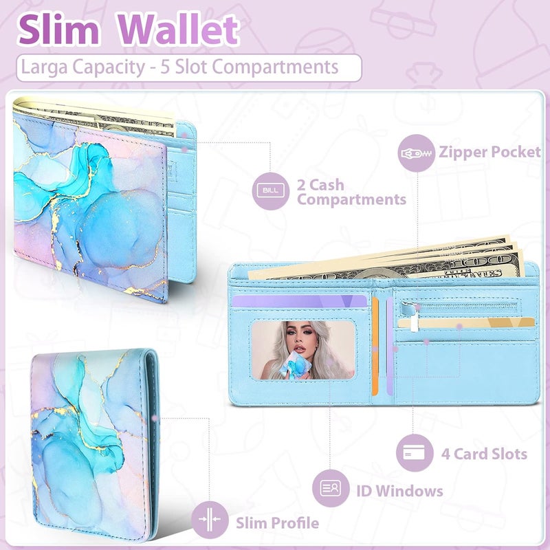 Funermei Cute Wallet for Women Girls Marble Leather Bifold Wallet Boys Aesthetic Credit Card Holder RFID Blocking Id Cash Slim Small Bi Fold Wallets with Coin Pocket Teen Little Girl Blue Funny Desgin - Image 4